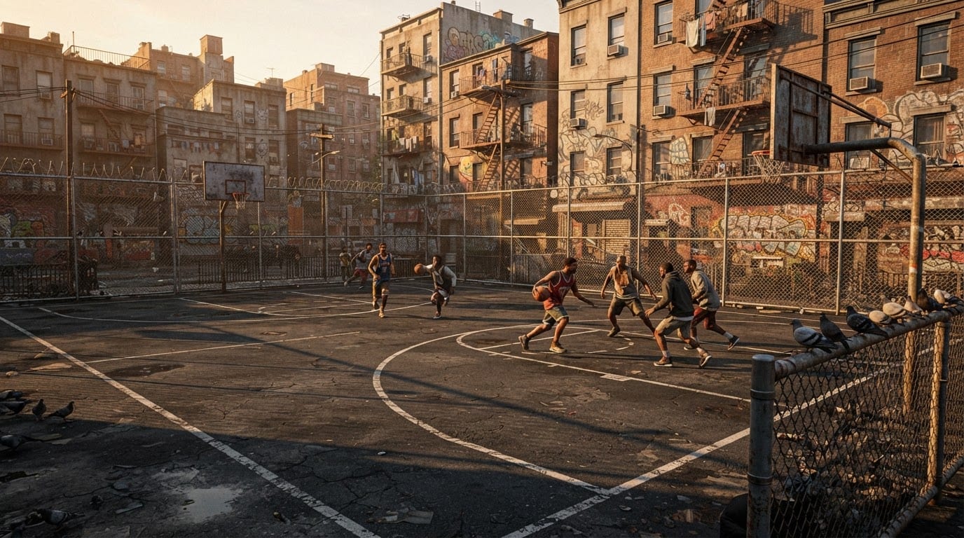 Outdoor downtown blacktop court