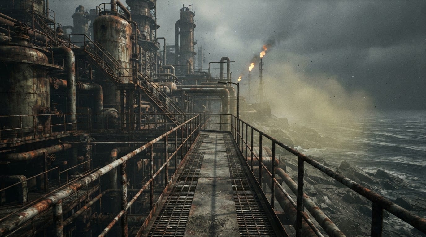 A toxic coastal refinery ruin
