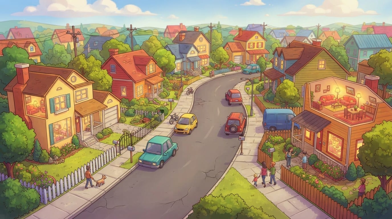 Cozy cartoon suburb street