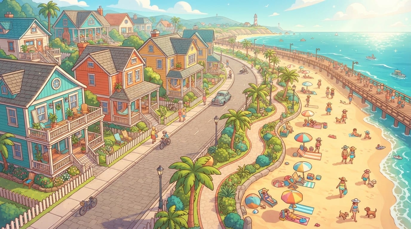 Sunny cartoon beach suburb