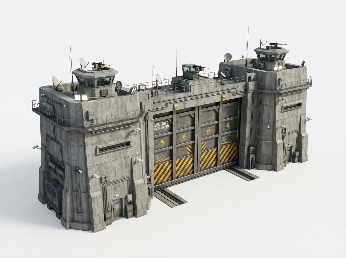 Image: Game asset concept: the gatehouse of a massive mod