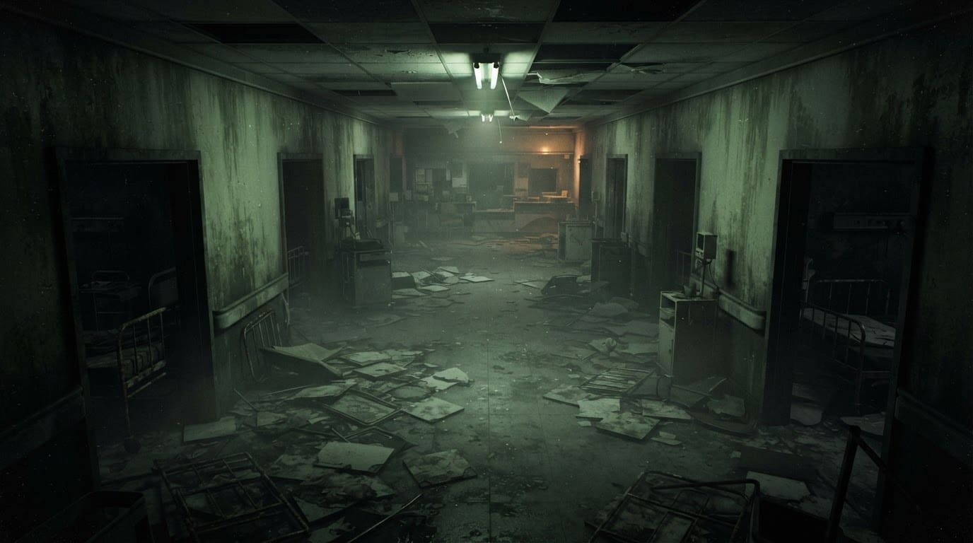 Hospital abandonado com névoa