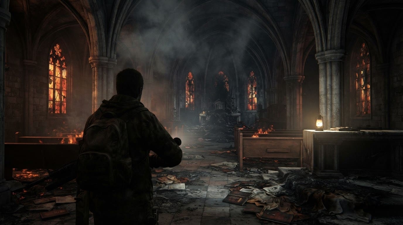 A smouldering stone church