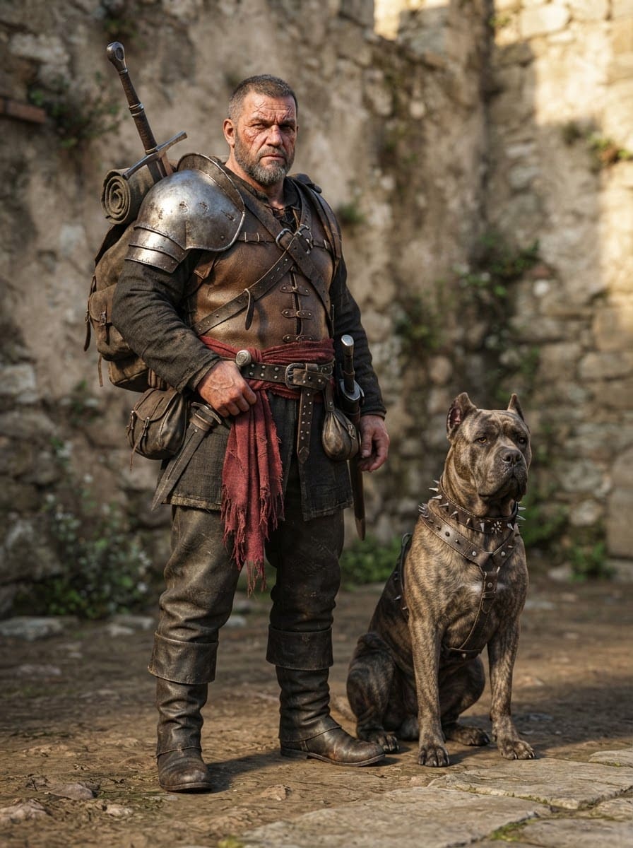 Vieux mercenaire et son chien de guerre