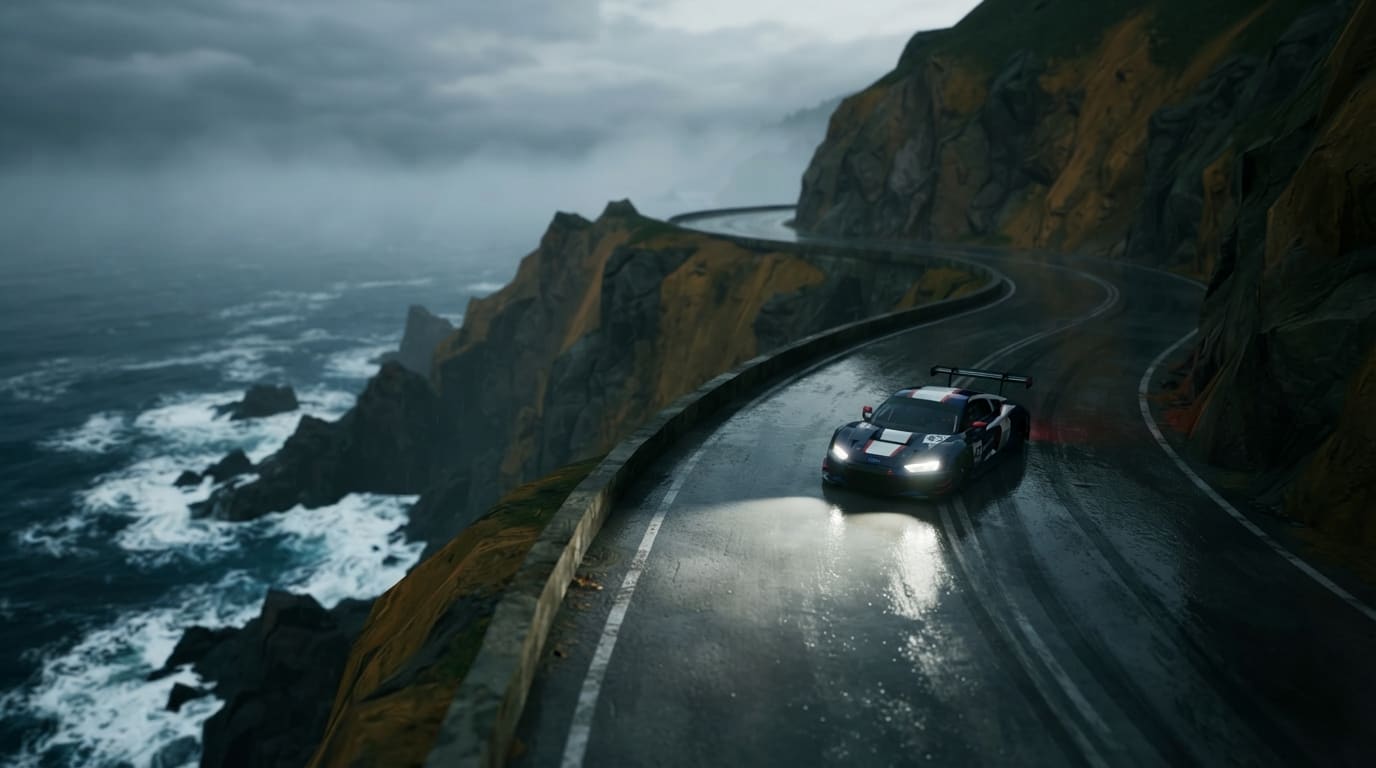 Wet tarmac coastal cliffs