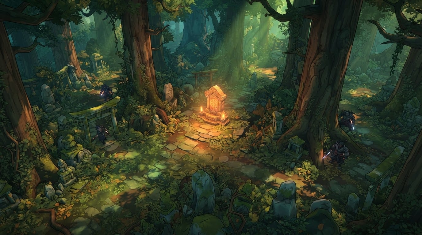 A dense ancient forest shrine
