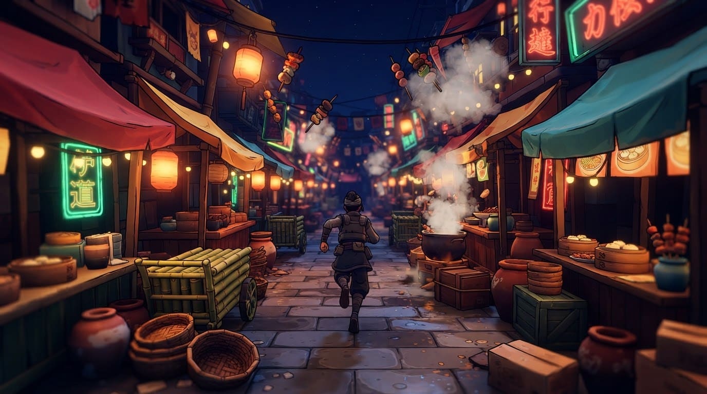 Crowded night market strip