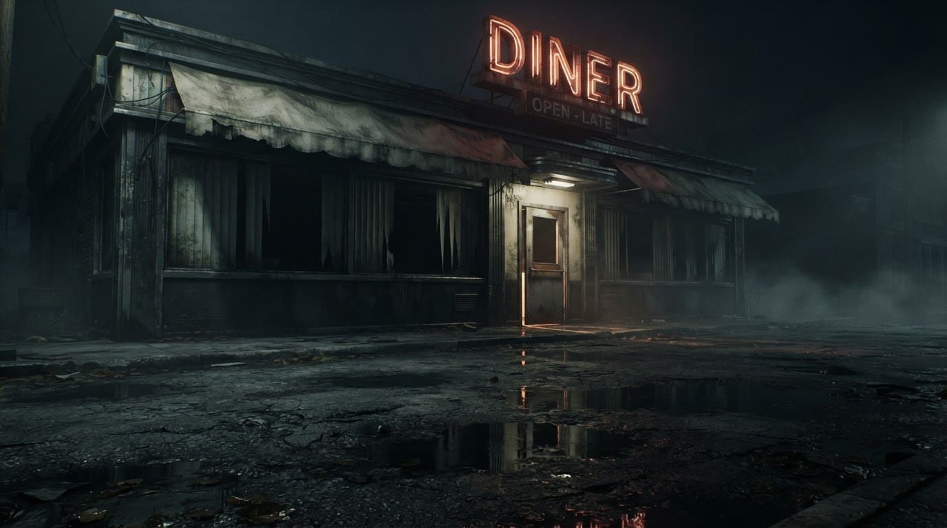Fachada nocturna de la cafetería