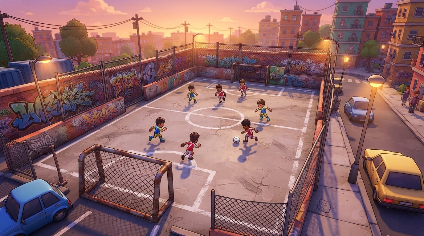 Cancha de barrio al atardecer