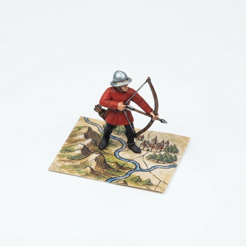Image: A single archer with a bow held at the left side o