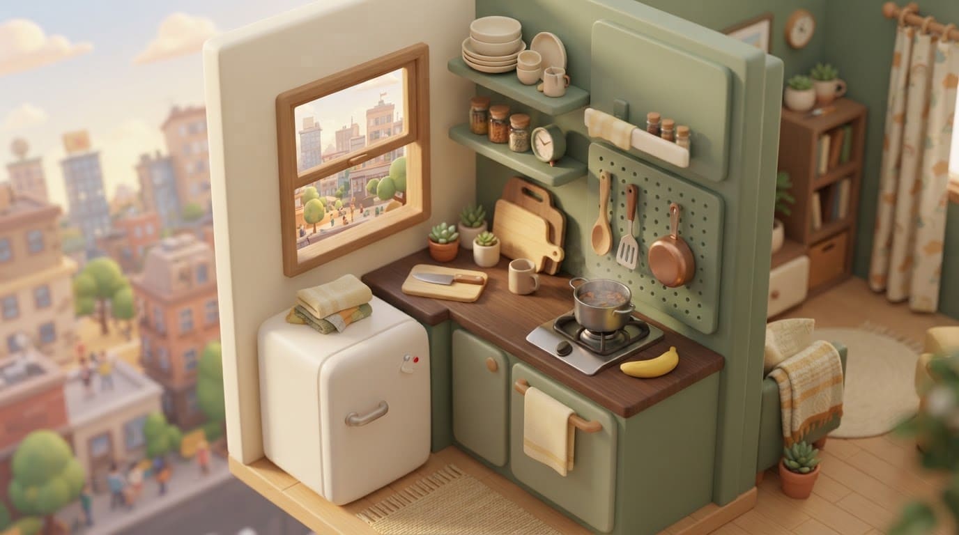 Tiny studio apartment kitchen