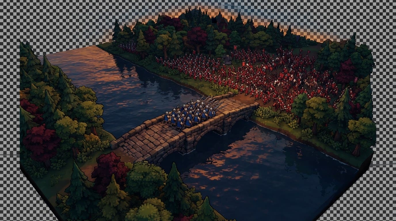 Hold a river crossing at dusk