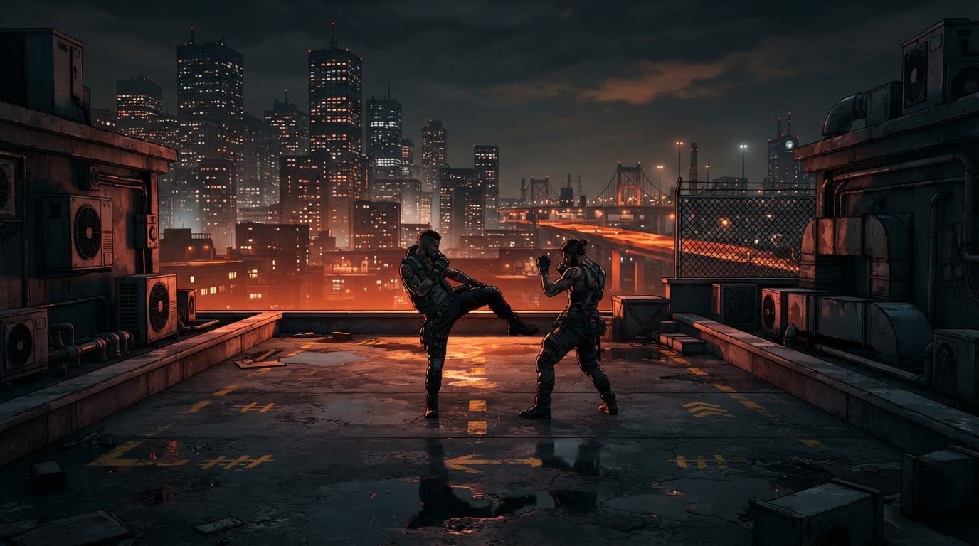 Rooftop under the city skyline