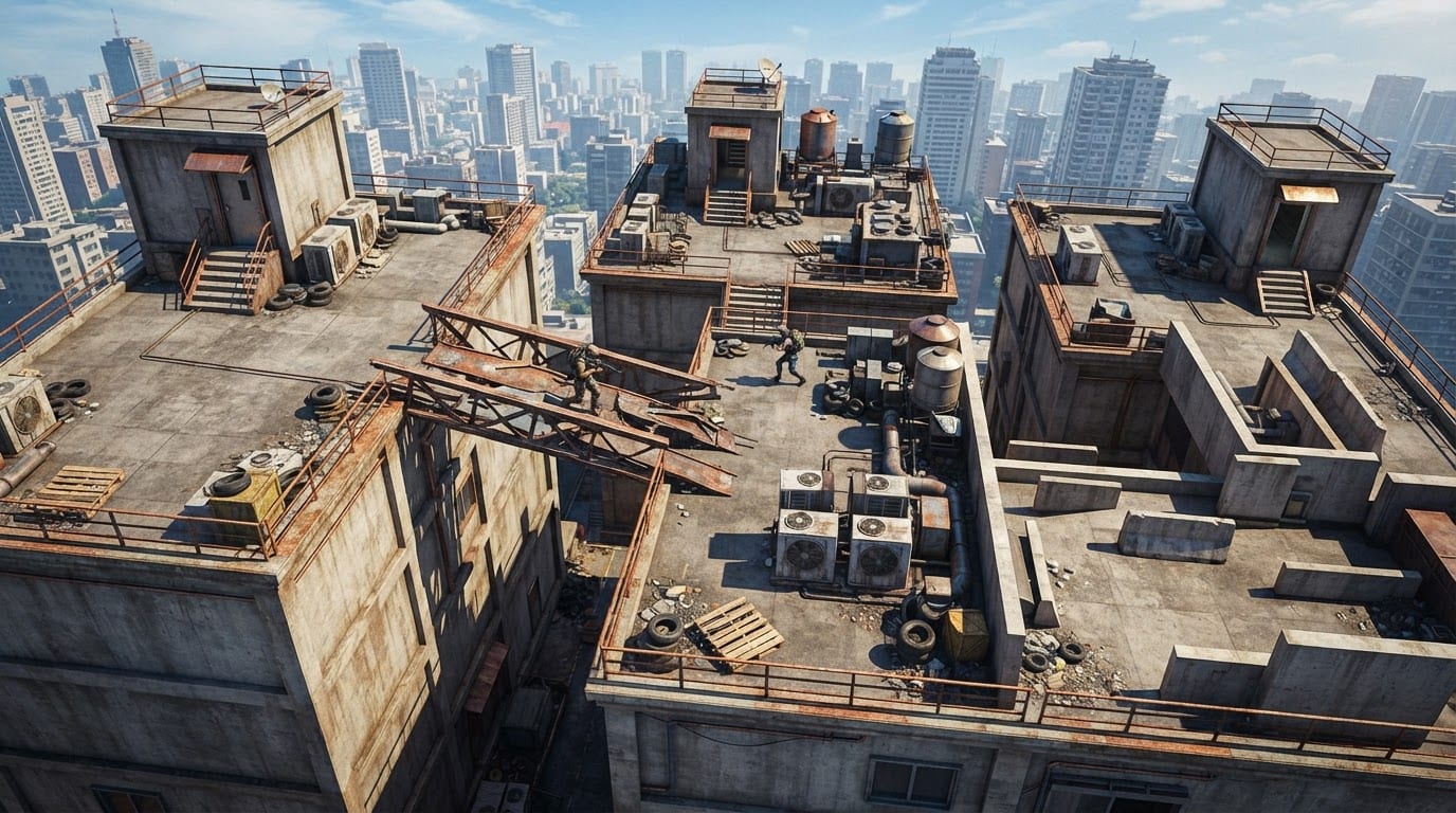 Crumbling rooftop city block