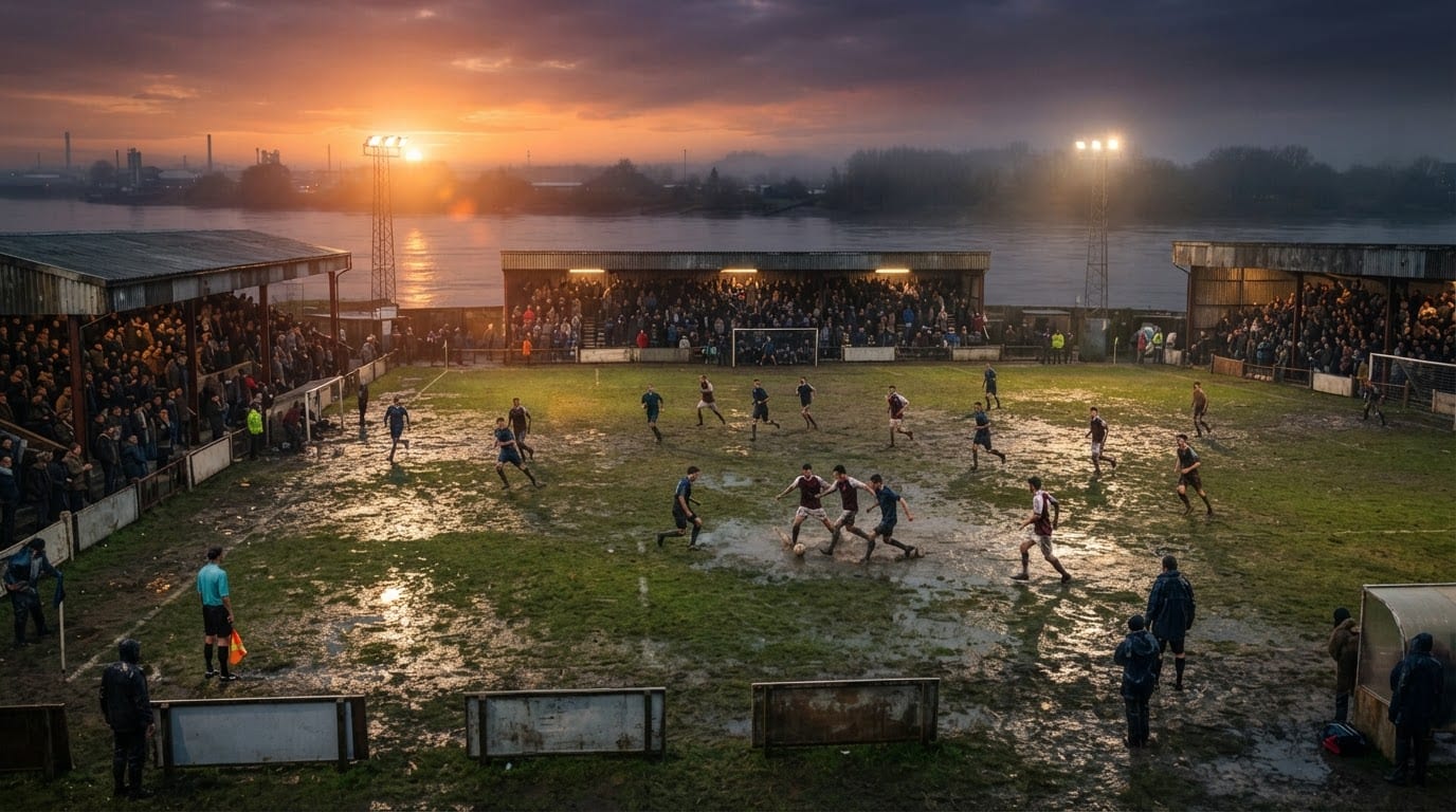 Rain-soaked riverside ground