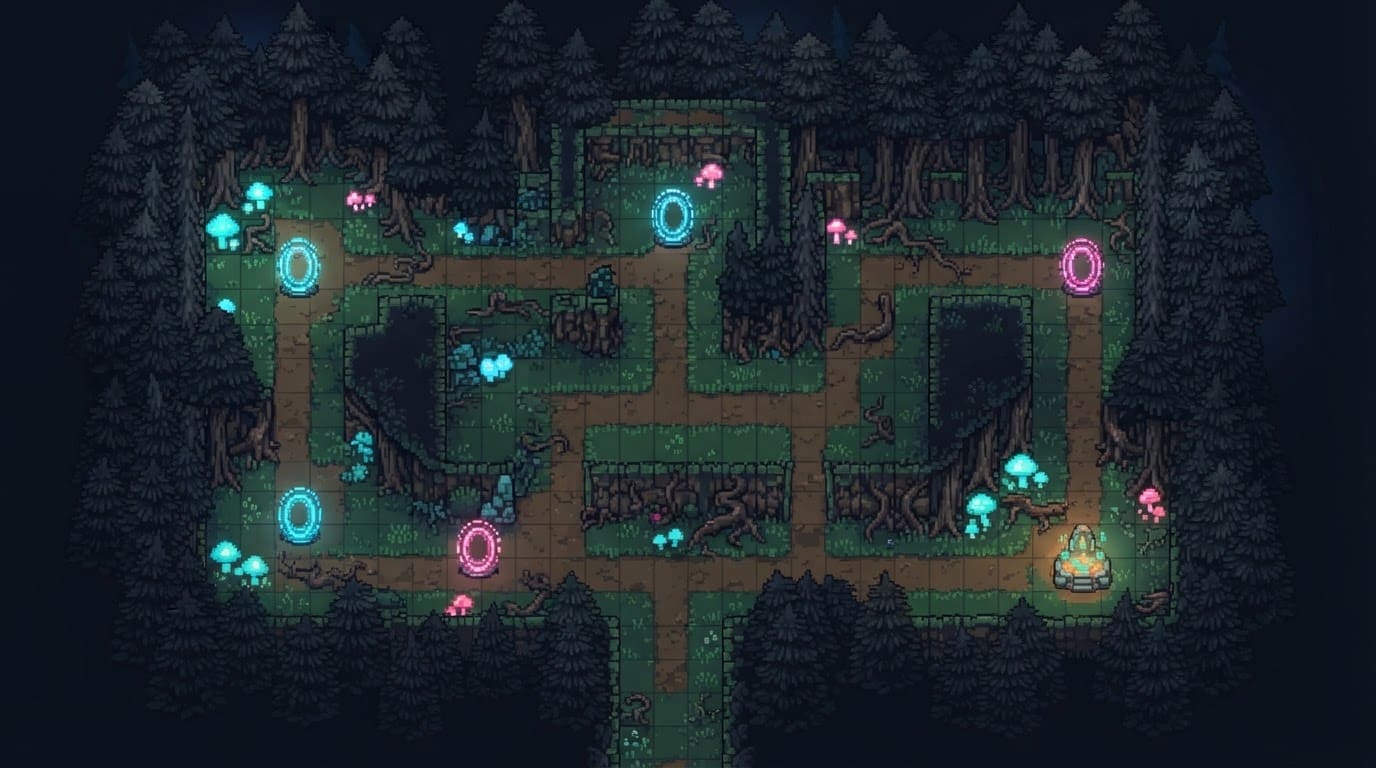 Floresta encantada com portais mágicos