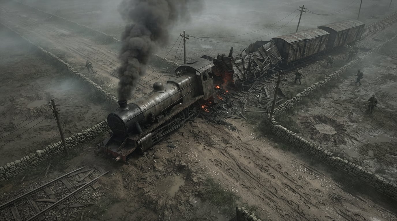 Wrecked train road crossing