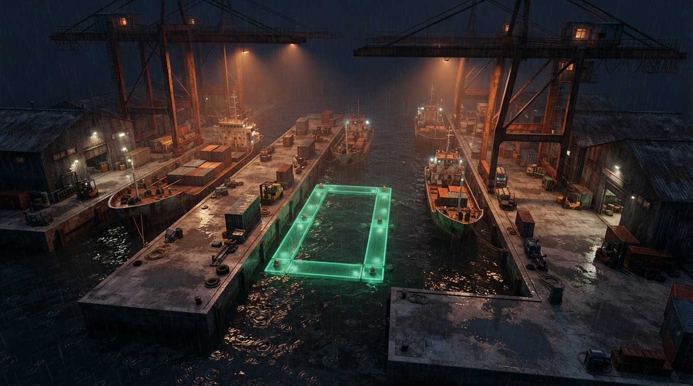 Rainy industrial cargo dock
