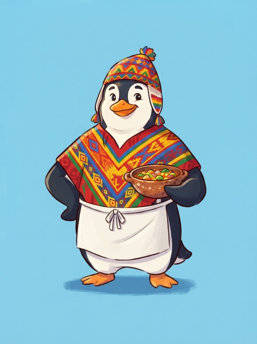 Pingüino chef con poncho andino