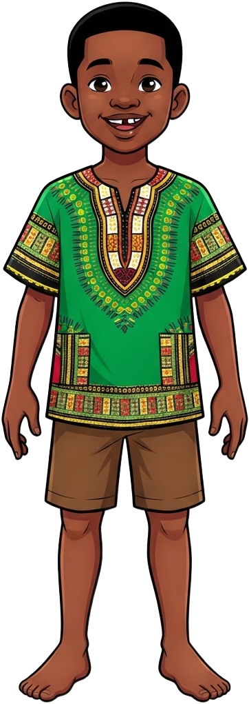 Image: Full-body game character sprite of a cheerful 9-ye
