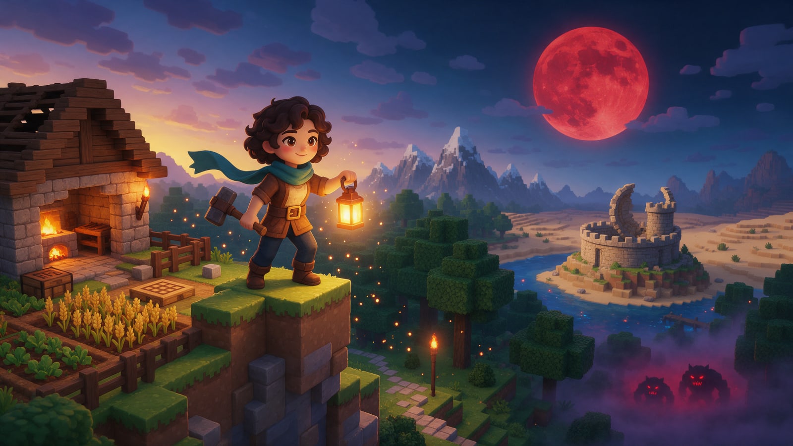 Image: Stylized voxel-art survival sandbox game key art a