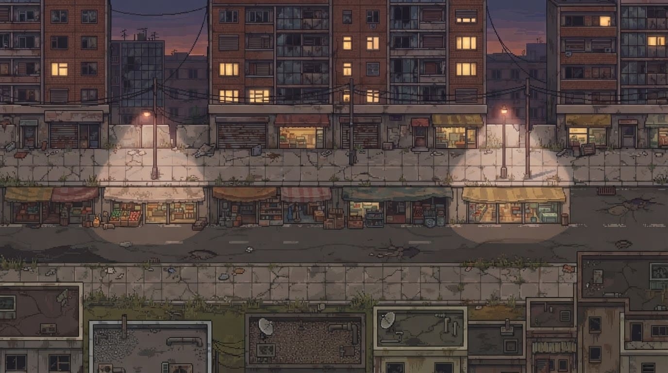 Image: Edit this pixel art street scene to show the same