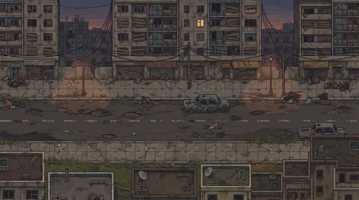 Image: Edit this pixel art street scene to show the same