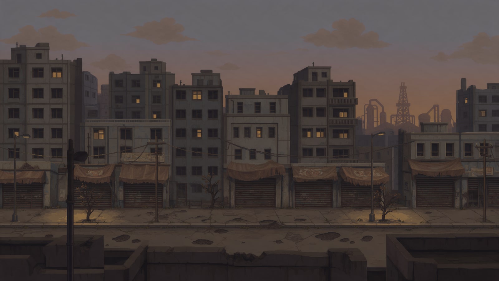 Image: Pixel art game background, flat side-on view of a