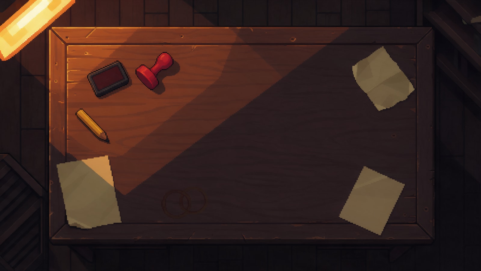 Image: Pixel art game background, top-down view of a dark