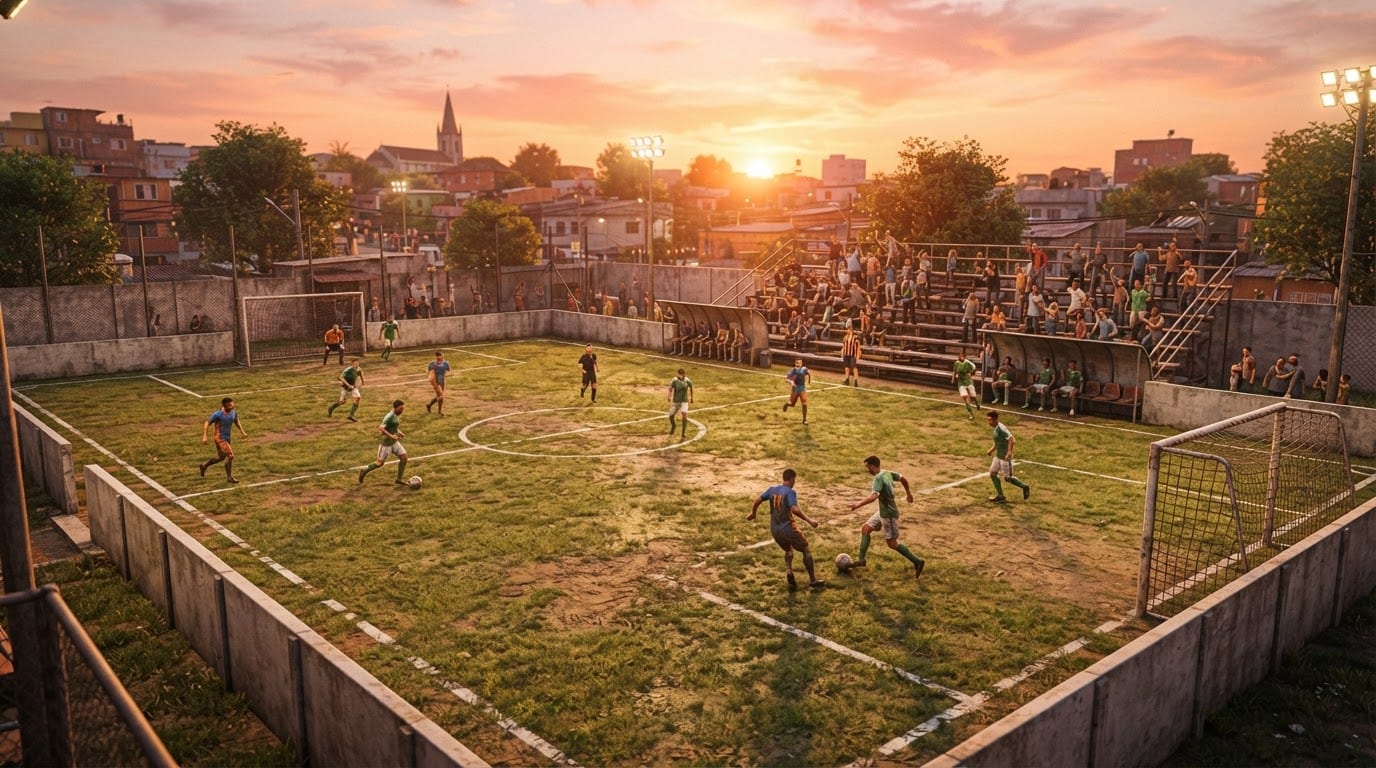 Cancha de barrio al atardecer