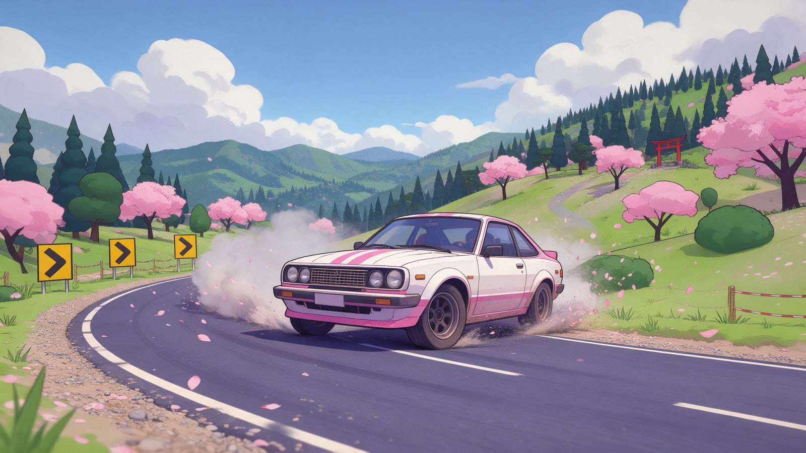 Image: Store key art for a cel-shaded rally racing game. 