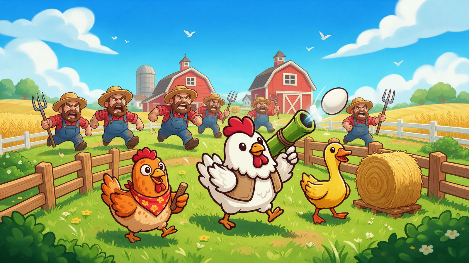 Image: Store key art for a farmyard lane defense game. Ma