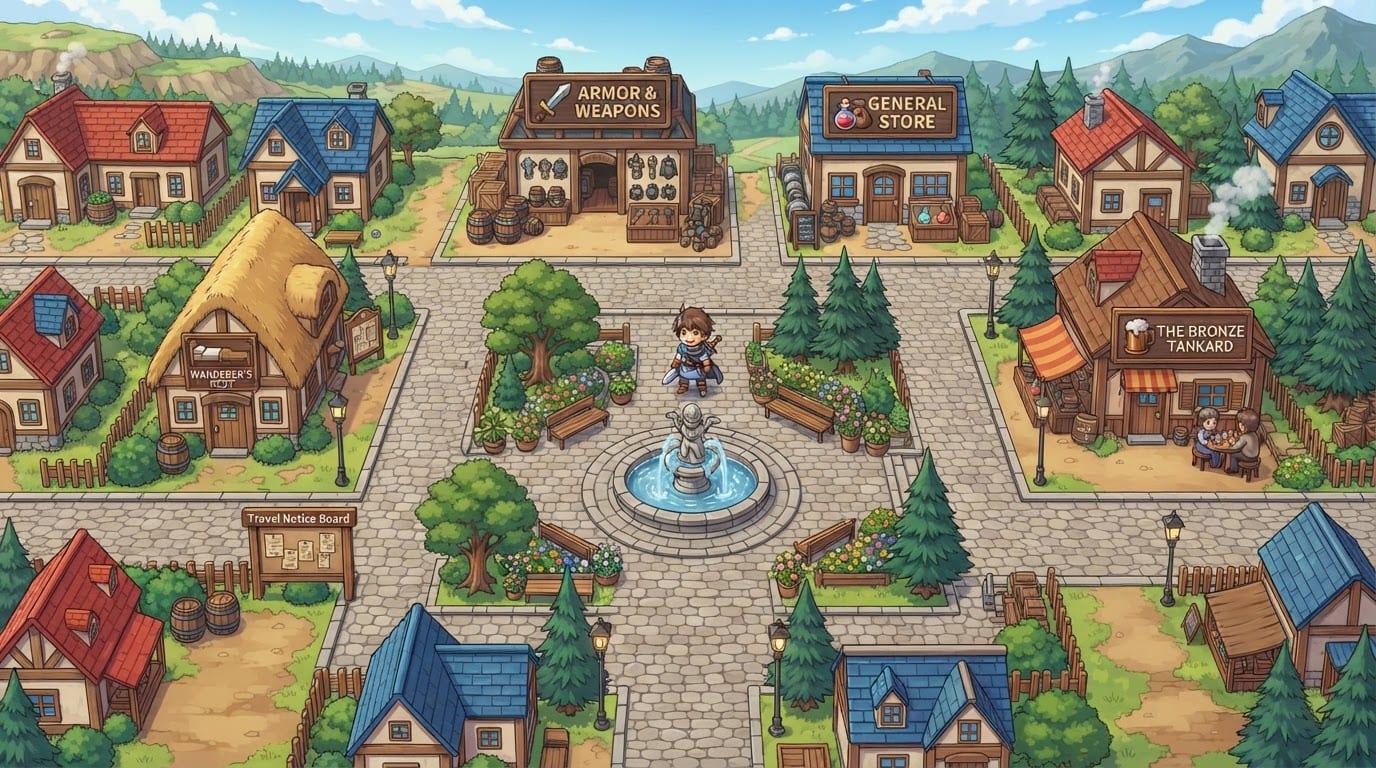 Image: Top-down 2D anime-style JRPG town map, view from a