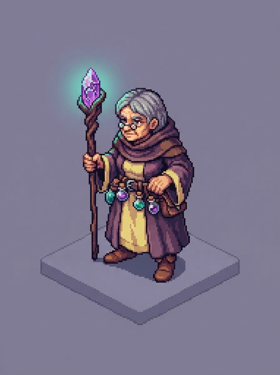 Alquimista idosa com cajado de cristal
