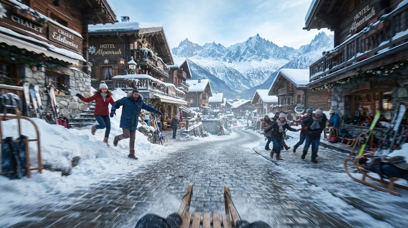 Steep snowy ski village street