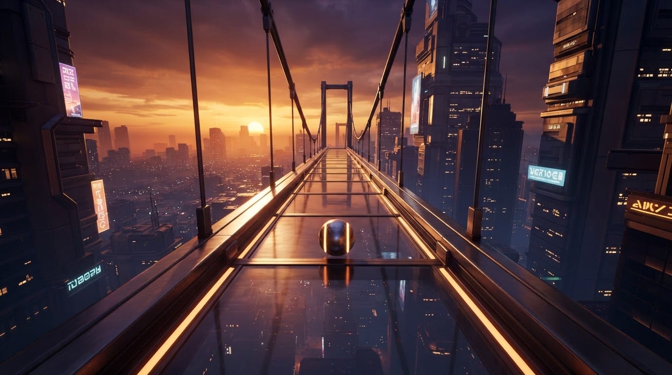 A glass sky bridge at dusk