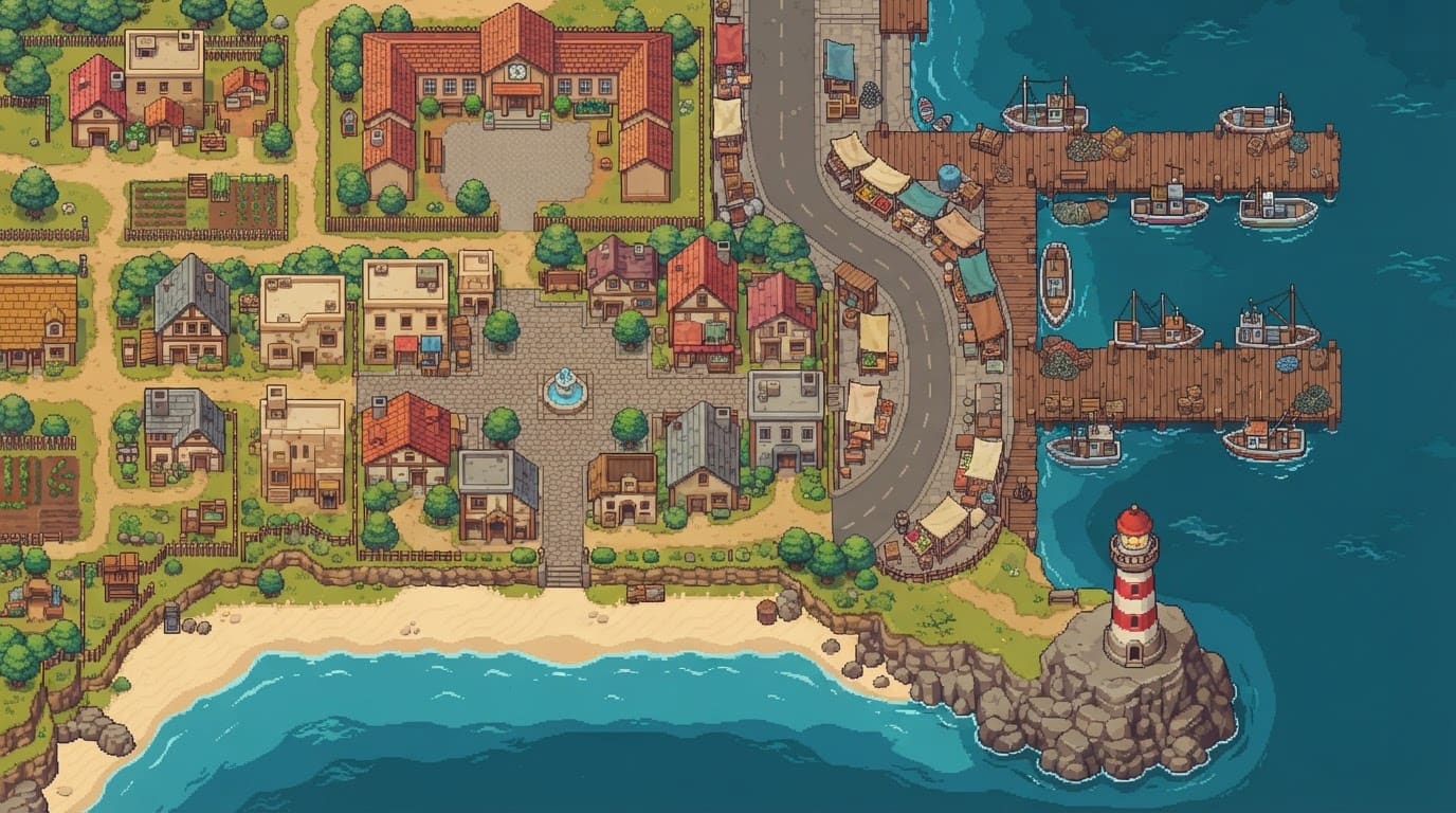 Busy coastal harbor town