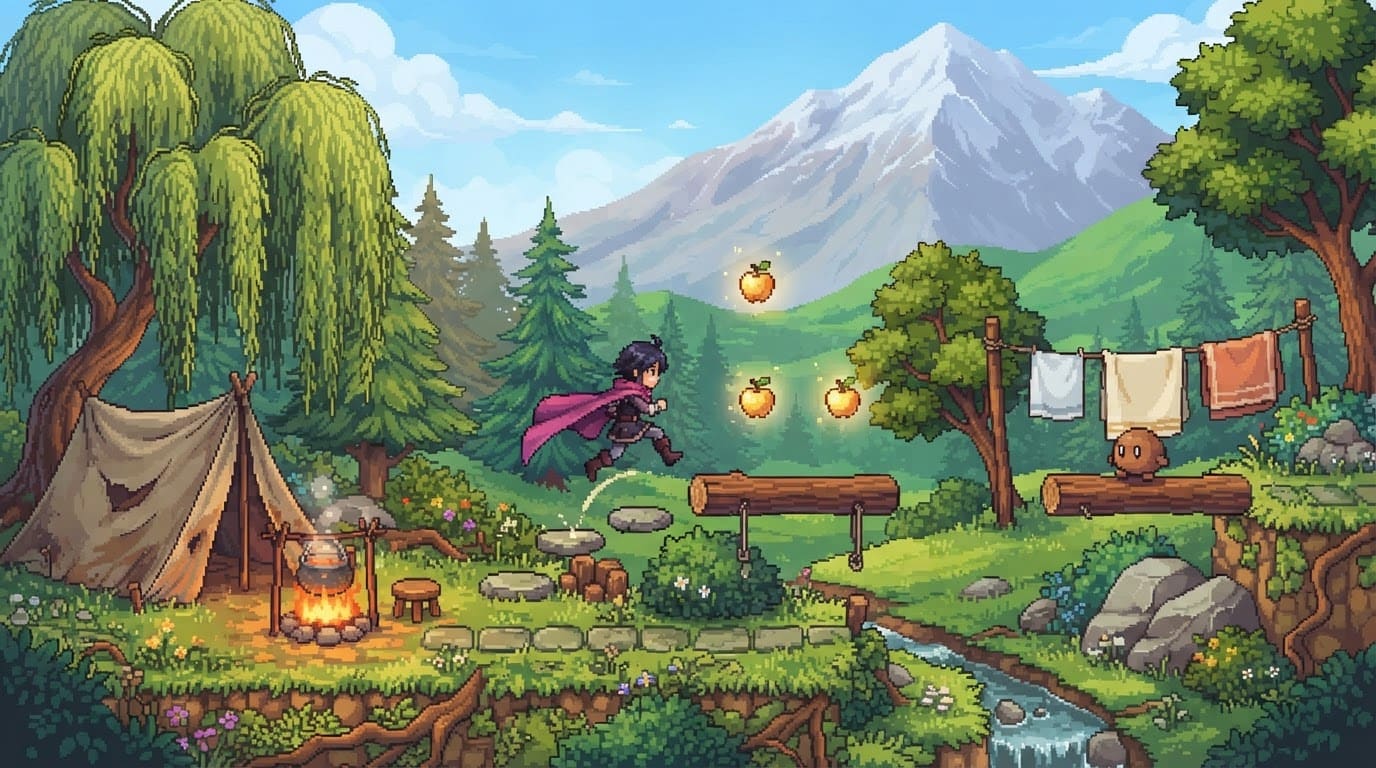 Jump across the campsite platforms