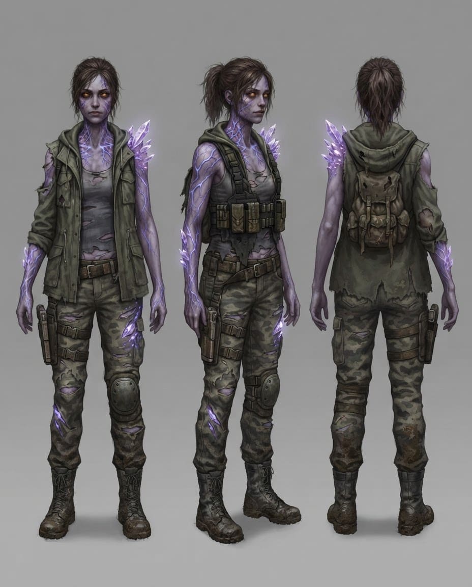 Image: Character design turnaround sheet on a plain flat 