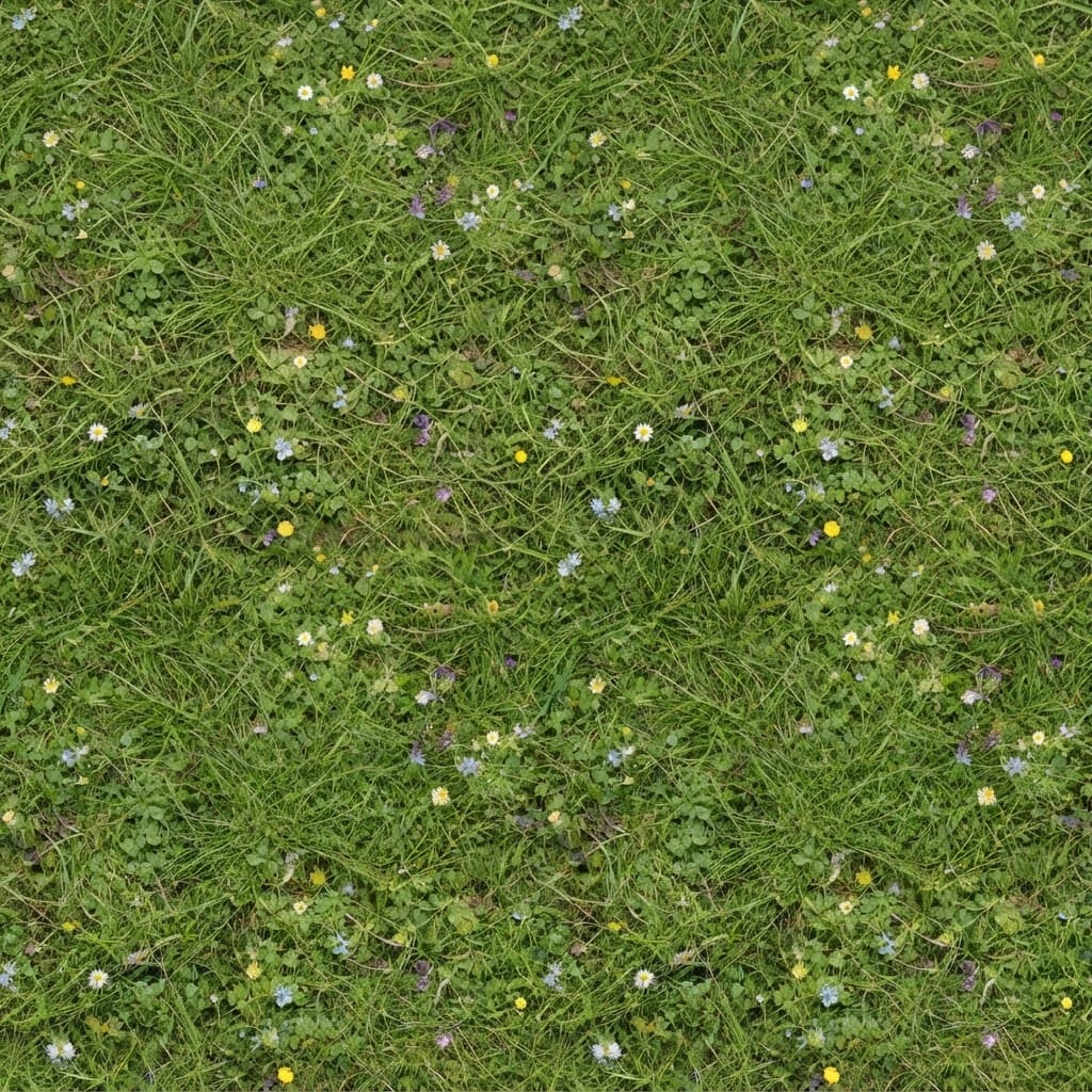 Image: Sunlit meadow ground, warm green grass, soft clove