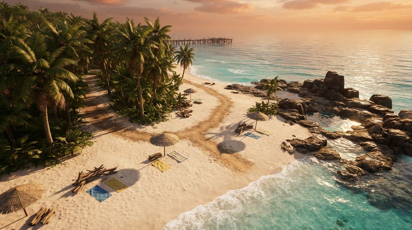 Sunlit public beach and shoreline