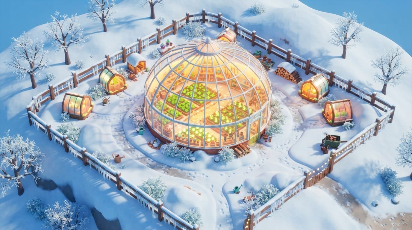Snowy hilltop greenhouse