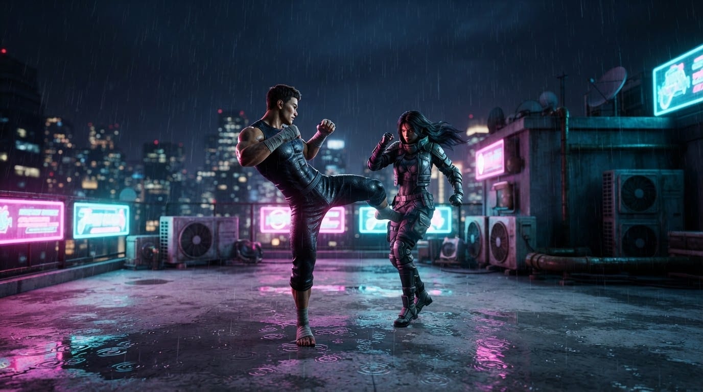 Rainy Neon Rooftop District