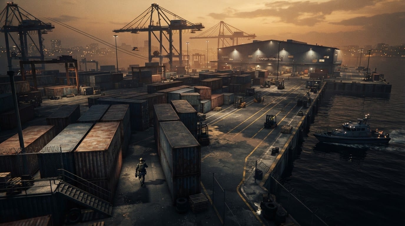 Sprawling harbor docklands