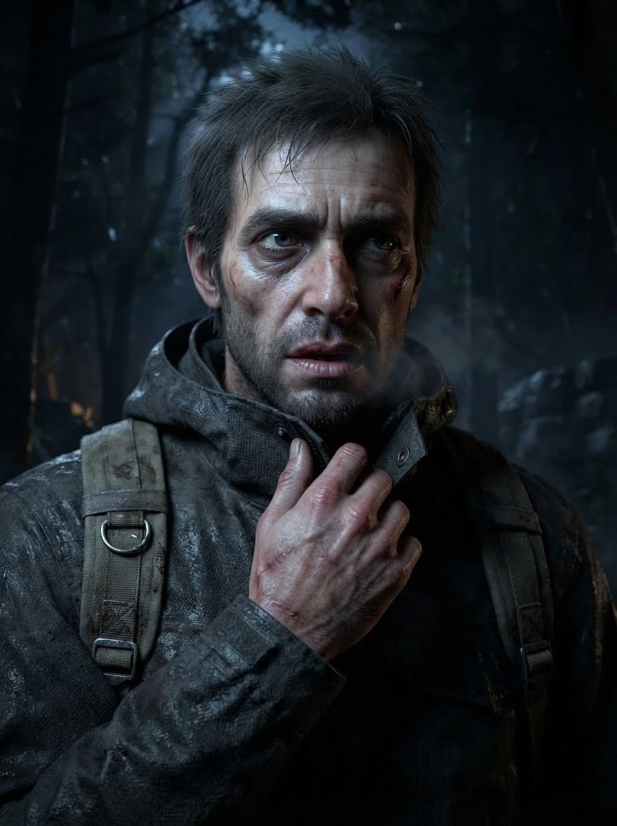 Hiker — face and torso close-up (Silent Escape)