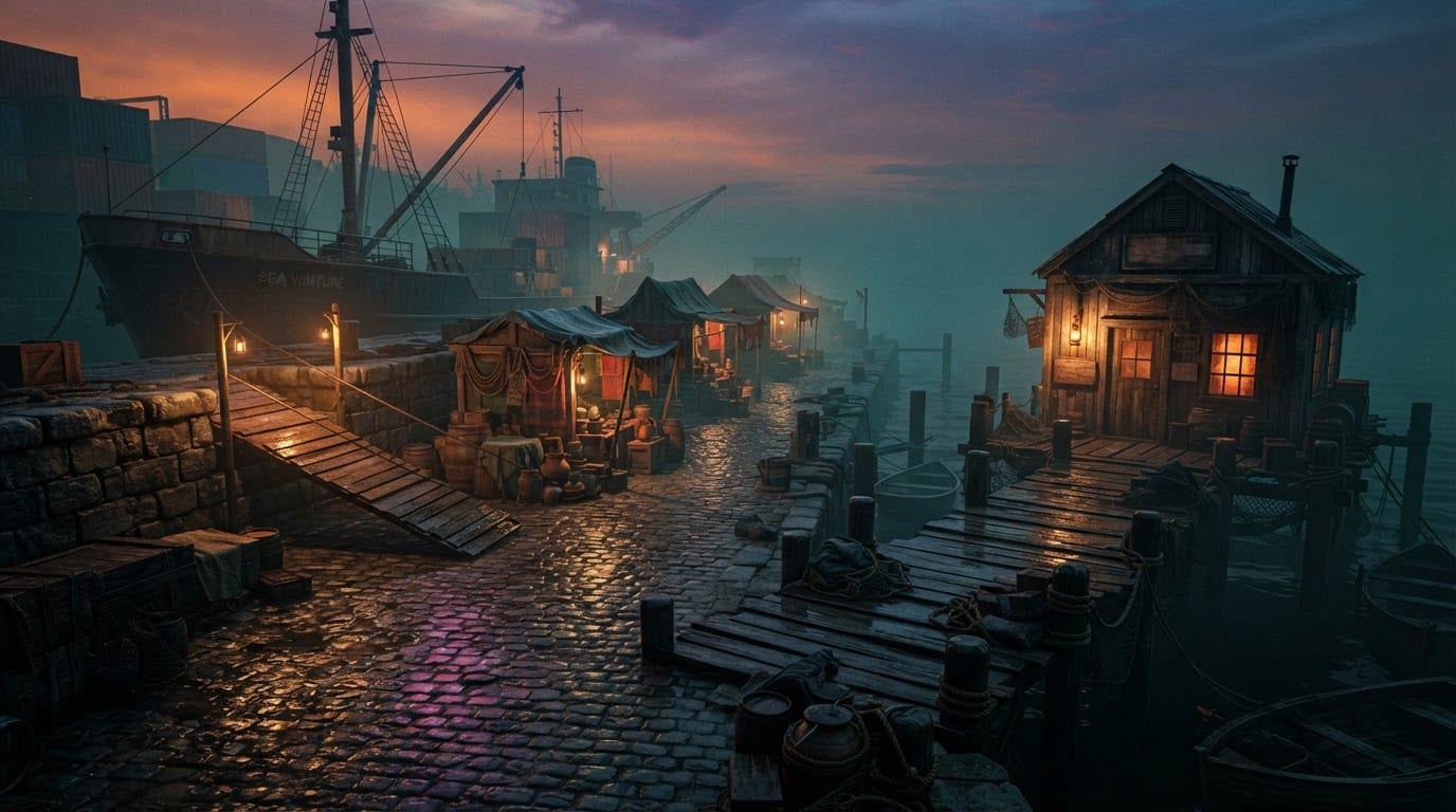 A foggy dockside port town