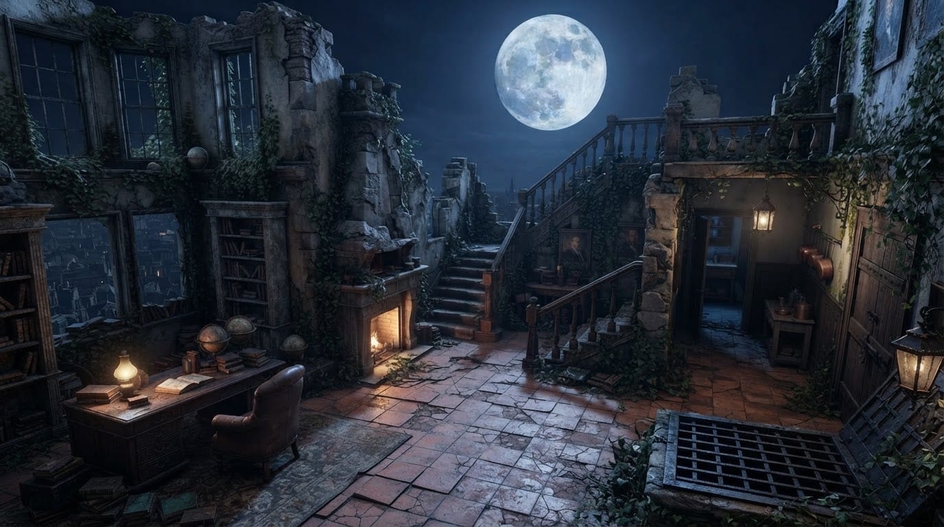 A moonlit rooftop above the city