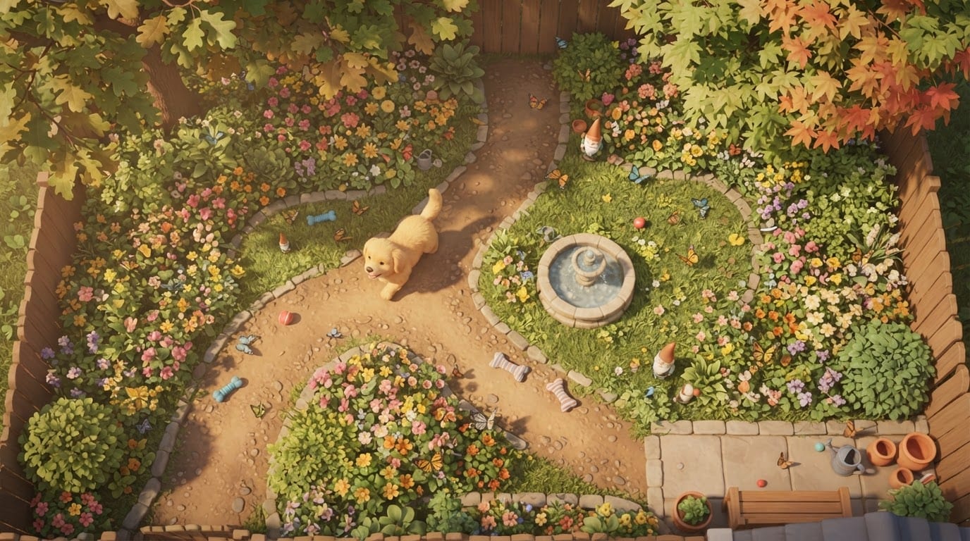 Explore o jardim com o filhote