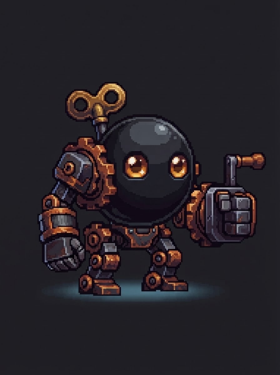 A rusted clockwork golem — cute black body
