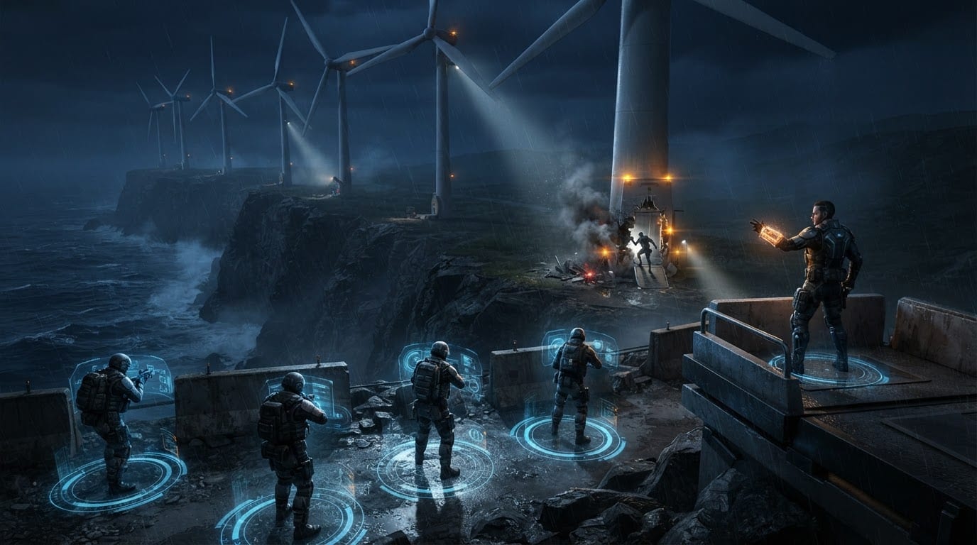 Command squads defending a wind turbine hub